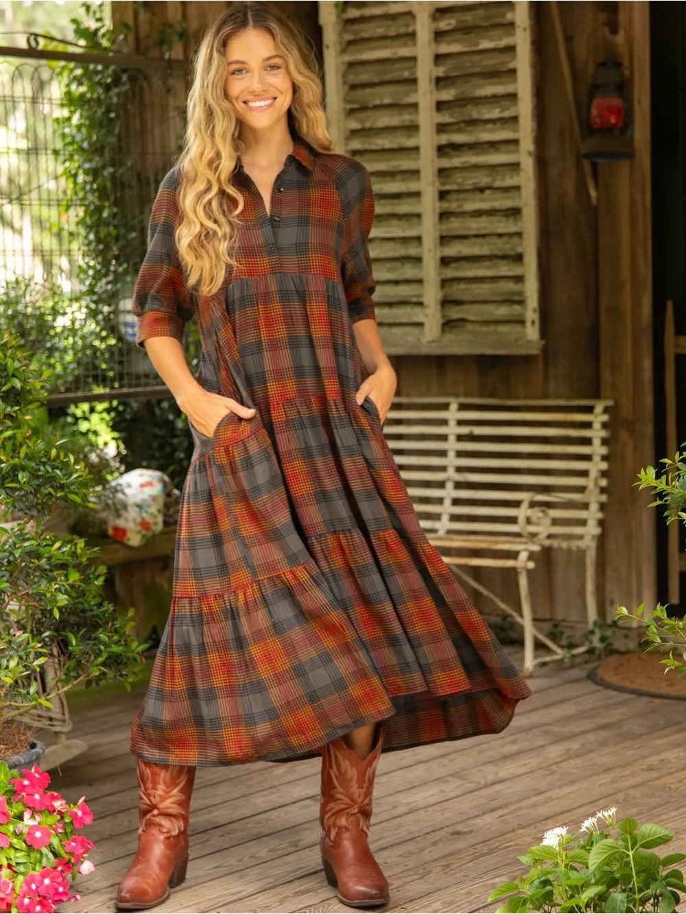 Natural Life Plaid Tiered Midi Dress in Autumn Plaid Size XL
